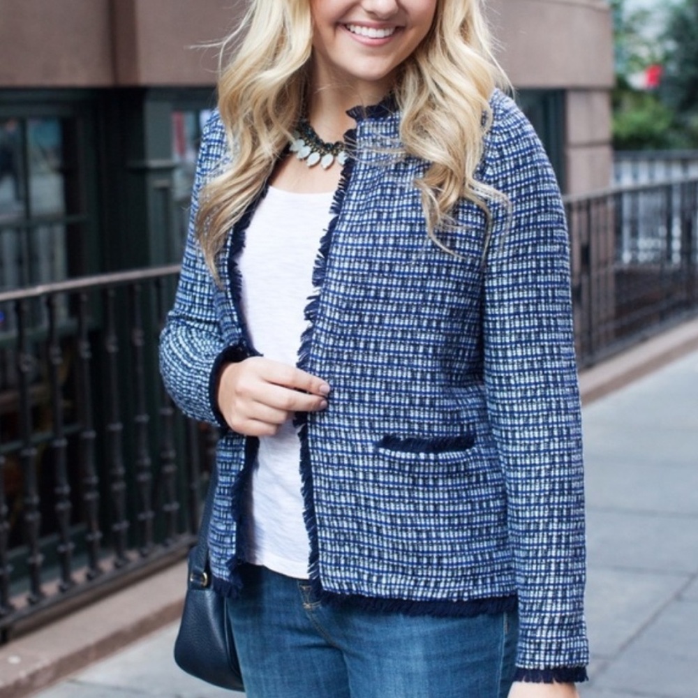 J. Crew Navy/Metallic Tweed Fringe Trim Jacket